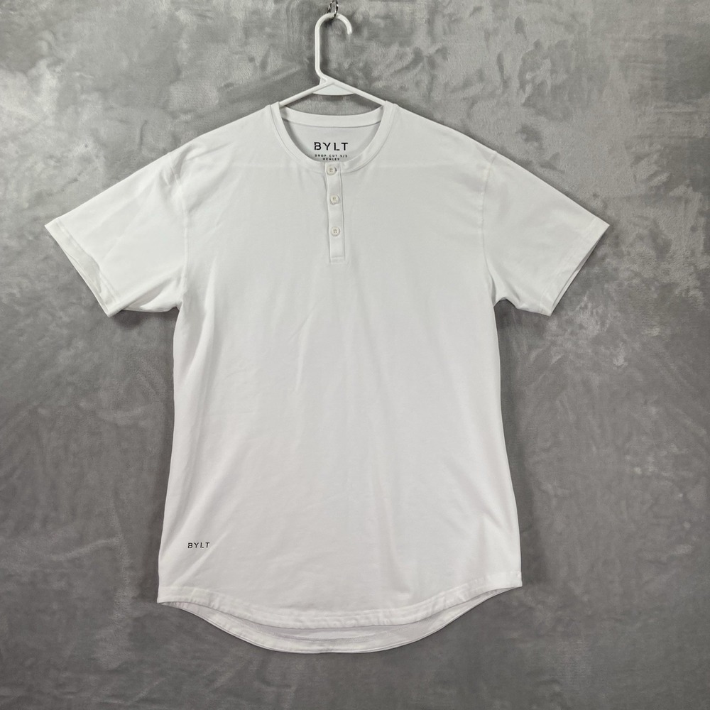 BYLT Basics Shirt Mens Medium Henley Drop Cut Lux Tee Short Sleeve White Casual